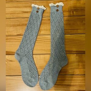 Grey Lace Trim Knee-High Socks